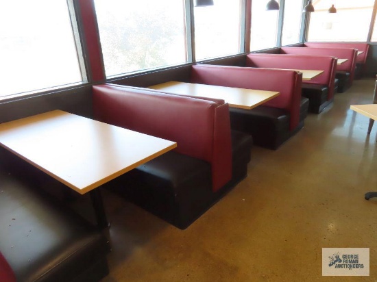 Five 5-1/2' two pedestal formica tables with six booth sections. Tables are 2' 4". Bring a crowbar