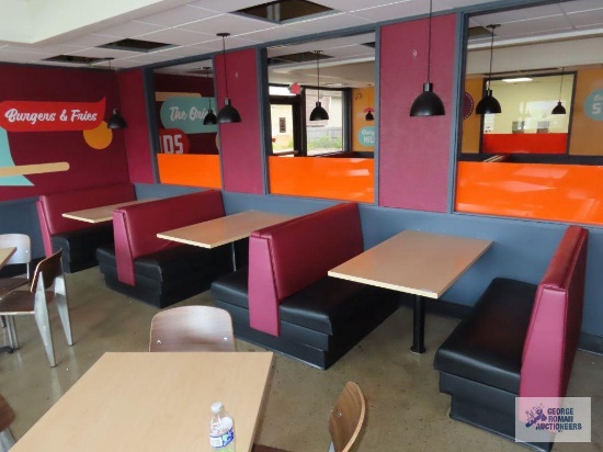 Six single pedestal 4' x 2' 4" formica top tables and eight 4' booth sections. Bring crowbar to