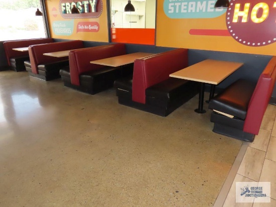 Four 5-1/2' two pedestal formica tables with five booth sections. Tables are 2' 4". Bring a crowbar