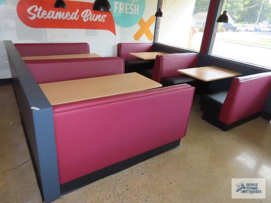 Two 4' single pedestal formica tables with three 4' booth sections and two double pedestal 5-1/2'