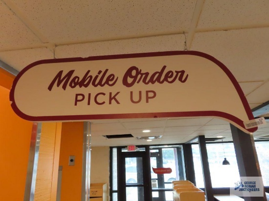Mobile Order Pickup and Order Here foam signs. Bring cable cutter and 6 ft ladder for removal.