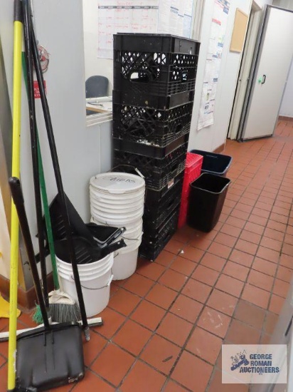 Mop bucket with mops, broom, dustpans, milk crates, tools with tool bag and hardware, extension
