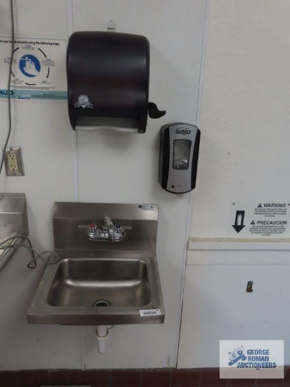 John Boos stainless steel hand washing sink with soap dispenser and paper towel dispenser. 17" x