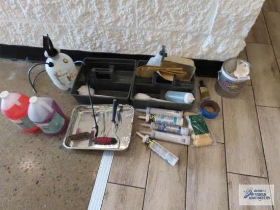 Painting supplies, HDX garden sprayer, caulking, toolbox trays, new can of Rust-Oleum professional