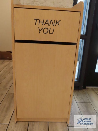 Formica single wastebasket receptacle/tray stand. Includes one wastebasket with rollers.