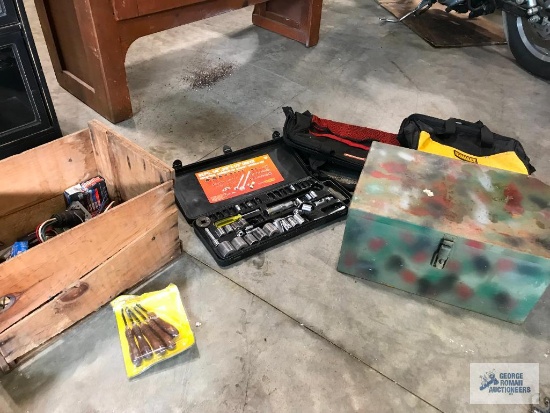 Assorted Tools, Sockets, Wood Carving Set And Metal Storage Box