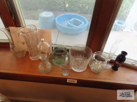 Princess House ice bucket, blue colored vase and footed candy dish, etched glass pitcher, vases, and