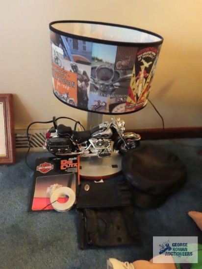 Harley Davidson nightlight/lamp, fingerless gloves, window decal, and hat