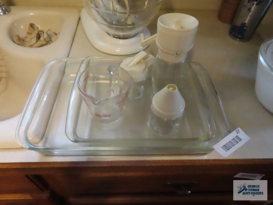 Pyrex baking dishes, creamer, sugar, and chopper