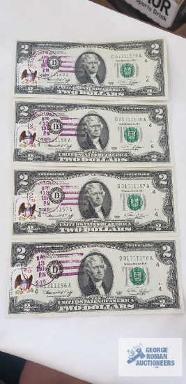 (4) 1976 Series $2 Federal Reserve Notes with first day of issue postal stamp from April 13, 1976