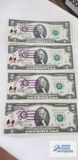 (4) 1976 Series $2 Federal Reserve Notes with first day of issue postal stamp from April 13, 1976
