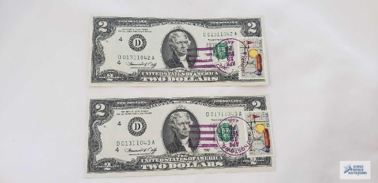 (2) 1976 Series $2 Federal Reserve Note first day of issue postmark and 13 cent chemistry stamp