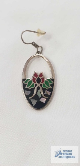 Sterling silver single earring oval shaped with red and black floral motif at the top, green leaf