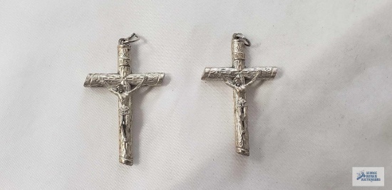 Two silver colored crucifix pendants with wood detail on cross, 12.5 G