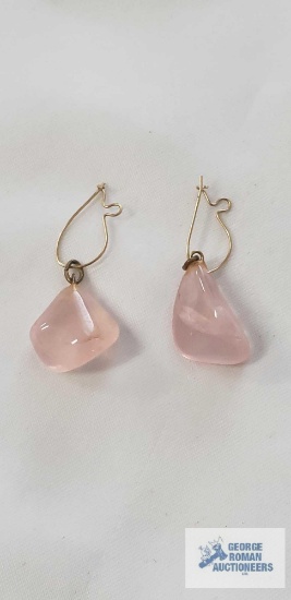 Pink chalcedony or rose quartz teardrop drop earrings on gold filled yellow wire, 3.6 G