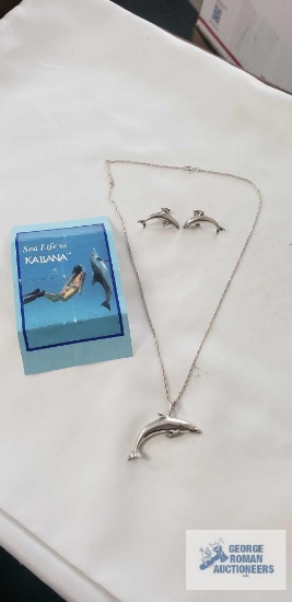 Sea Life by Kabana sterling silver post back dolphin stud earrings and dolphin pendant necklace 17",