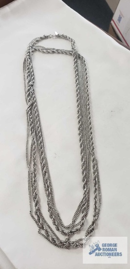 Silver colored long multi chain necklace over 60", 97 G