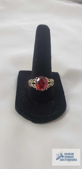 Sterling silver filigree ring with a large oval red garnet or red CZ gemstone, size 8, 4.1 G