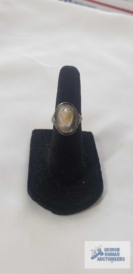 Sterling silver ring with oval iridescent blister pearl set in ornate dark band, size 3.5, 2.8 G