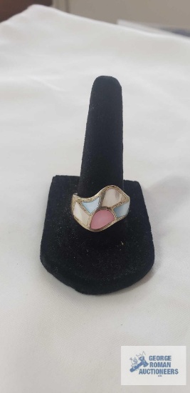 Sterling silver ring with abstract pastel colored mother of pearl or shell mosaic inlay, size 8.75,