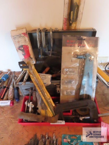 Craftsman metal tool box with tray insert, riveting tool, wire stripper, assorted c-clamps,