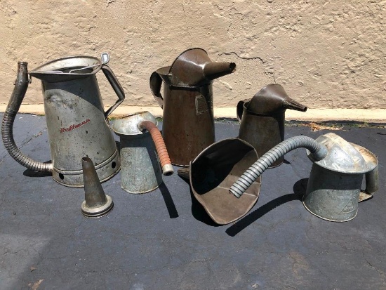 Oil shop fill cans, spout & funnel- Vintage 7 pieces