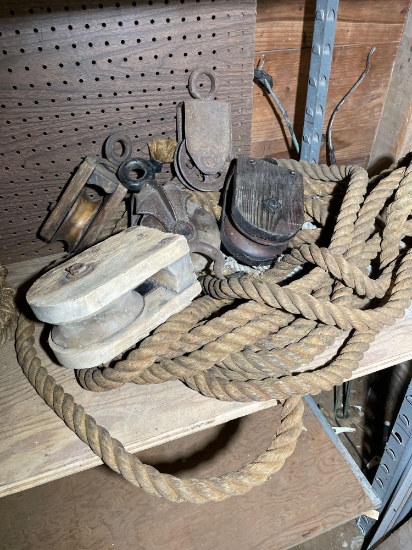 Antique Wood Block & Tackle and decorative rope
