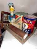 Vintage Tins, Brass Fire Extinguisher & Donald Duck pottery