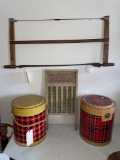 Vintage decorative saw, wash board & cooler tins