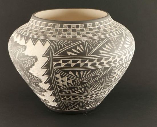 Navajo Incised Carved Pot with Hummingbird