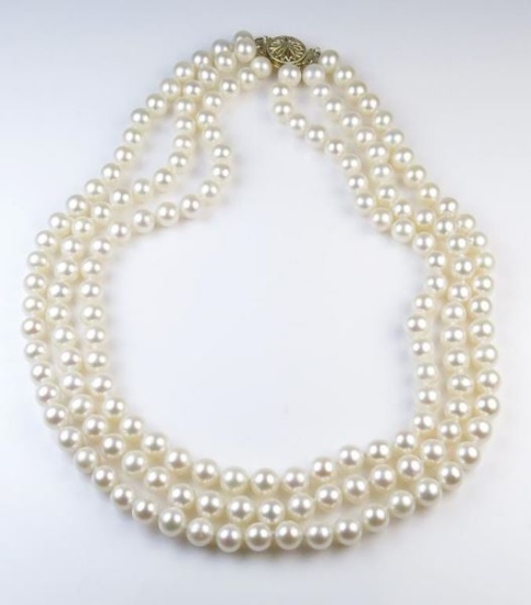Elegant Triple Strand Cultured Pearl Necklace