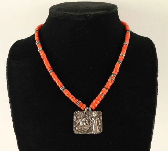 Antique Silver Repousse on Red Coral Necklace