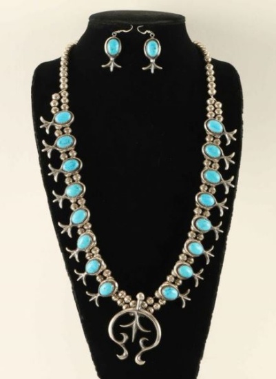 Old Pawn Turquoise & Silver Squash & Earrings Set