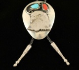 Navajo Turquoise, Coral & Nickel Bolo Tie