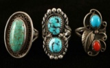 Lot of 3 Sterling Silver & Turquoise Rings