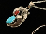 Silver, Coral & Turquoise Pendant with Bear Claw