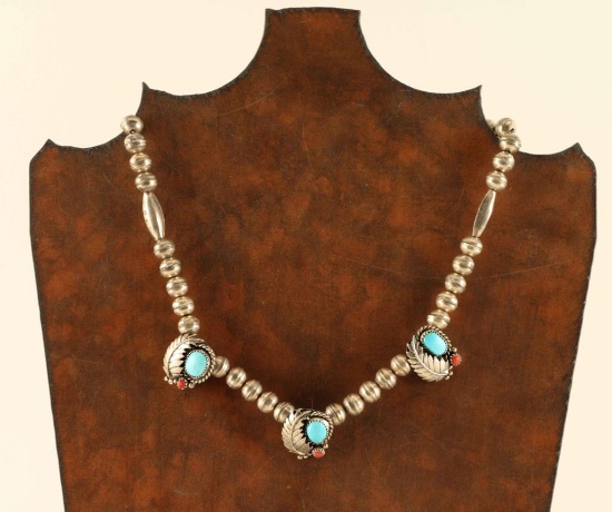 Sterling Silver Necklace with Coral & Turquoise