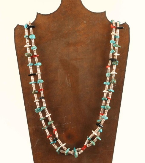 Two Strand Turquoise, Jet, Coral & Heishi Necklace
