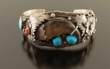 Sterling, Turquoise & Coral Bear Claw Cuff