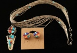 Inlaid Zuni Sterling Necklace & Earrings Set
