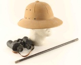 USMC Pith Helmet, Binoculars and Swagger Stick