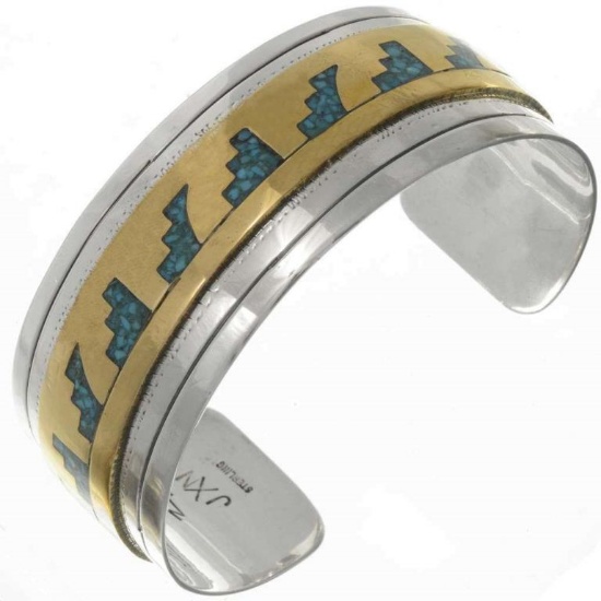 Inlaid Gold Silver Turquoise Unisex Cuff