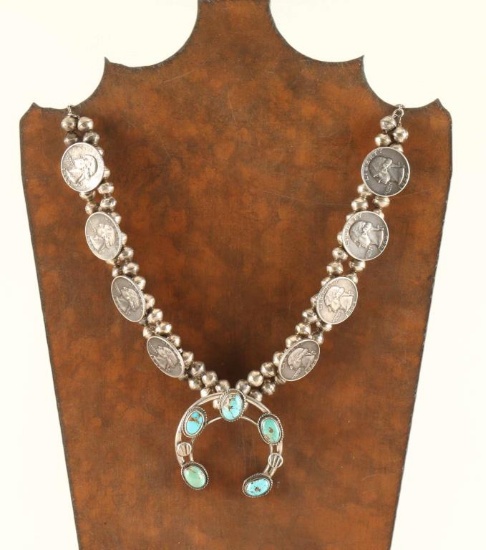 Navajo Sterling Silver & Turquoise Coin Squash