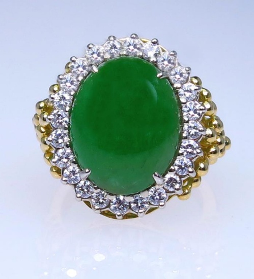 Marvelous High Quality Green Jade and Diamond Ring