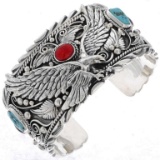 Navajo Turquoise Coral Sterling Silver Eagle Cuff