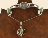 Sterling/Jadeite Necklace & Earrings Set & Watch