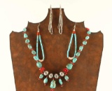 Turquoise, Coral & Silver Necklace & Earrings Lot