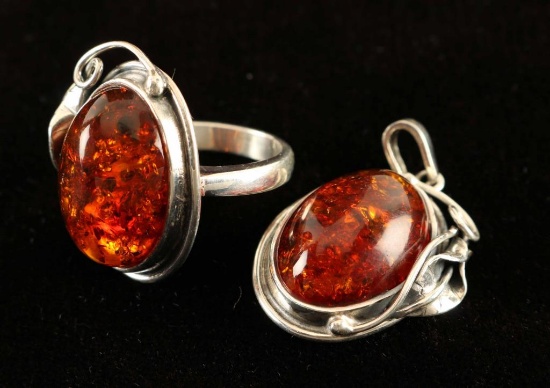 Amber matching ring and pendant set