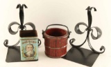 Wrought Iron Bookends& Tin & Pail