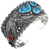 Navajo Turquoise Coral Sterling Silver Cuff